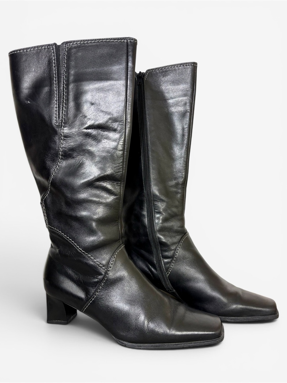 Gabor Black Leather Knee High Zippered 2” Heel Boots- woman’s US 8  UK 5.5